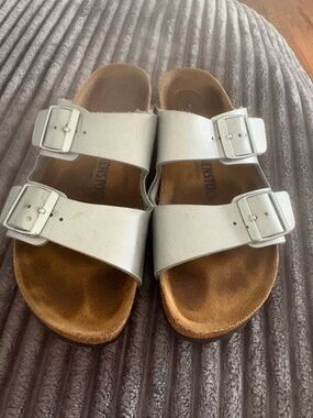 Birkenstock Silver Slide with Brown Footbed and Blue Logo Stamp